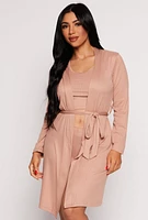 Womens Ribbed Knit Cropped Pajama Tank Top and Shorts with Robe,