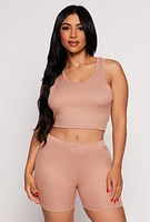 Womens Ribbed Knit Cropped Pajama Tank Top and Shorts with Robe, Beige, Size L