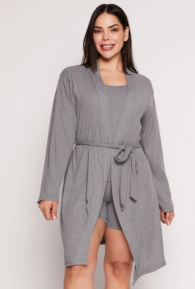 Womens Plus Size Ribbed Knit Pajama Tank Top and Shorts with Robe, Grey, Size 1X