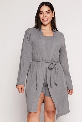 Womens Plus Size Ribbed Knit Pajama Tank Top and Shorts with Robe, Grey, Size 1X
