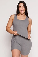Womens Plus Size Ribbed Knit Pajama Tank Top and Shorts with Robe, Grey, Size 1X