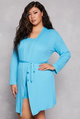 Womens Plus Size Ribbed Knit Pajama Tank Top and Shorts with Robe, Blue, Size 1X