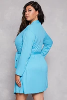 Womens Plus Size Ribbed Knit Pajama Tank Top and Shorts with Robe, Blue, Size 1X