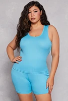 Womens Plus Size Ribbed Knit Pajama Tank Top and Shorts with Robe, Blue, Size 1X