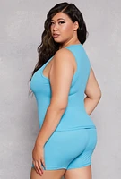 Womens Plus Size Ribbed Knit Pajama Tank Top and Shorts with Robe, Blue, Size 1X