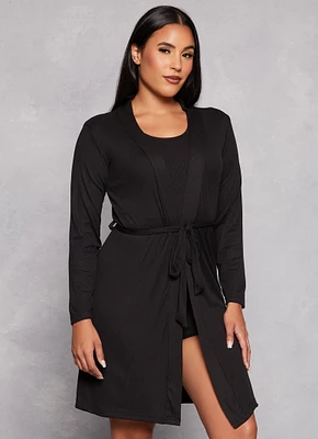 Womens Rib Knit Cropped Pajama Tank Top and Shorts with Robe, Black,