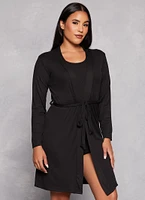 Womens Rib Knit Cropped Pajama Tank Top and Shorts with Robe, Black,