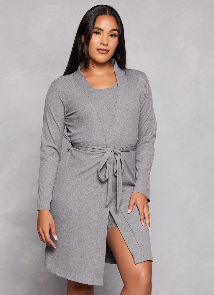 Womens Rib Knit Cropped Pajama Tank Top and Shorts with Robe, Grey, Size L
