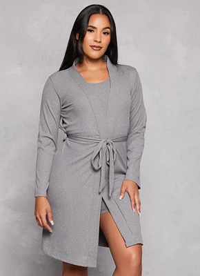 Womens Rib Knit Cropped Pajama Tank Top and Shorts with Robe, Grey, Size L