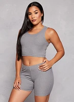 Womens Rib Knit Cropped Pajama Tank Top and Shorts with Robe, Grey, Size L