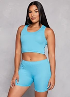 Womens Rib Knit Cropped Pajama Tank Top and Shorts with Robe,