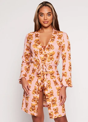 Womens Teddy Bear Print Pajama Bralette and Shorts with Robe, Pink, Size M