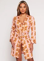 Womens Teddy Bear Print Pajama Bralette and Shorts with Robe, Pink, Size M