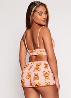 Womens Teddy Bear Print Pajama Bralette and Shorts with Robe, Pink, Size M