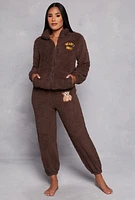 Womens Bearly Awake Sherpa Zip Front Pajama Top and Pants, Brown,