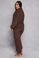 Womens Bearly Awake Sherpa Zip Front Pajama Top and Pants, Brown,