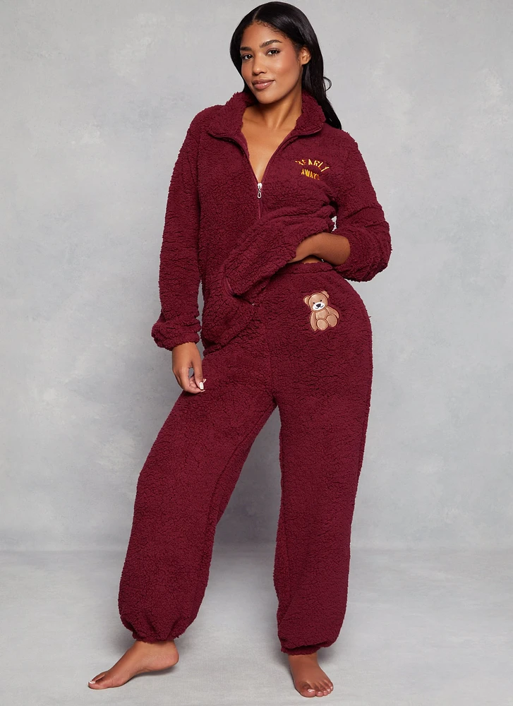 Womens Bearly Awake Sherpa Zip Front Pajama Top and Pants, Burgundy, Size M