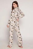 Womens Cat Print Pajama Shirt and Pants Set, Beige, Size L