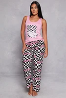 Womens Babe Checkered Print Pajama Tank Top and Pants Set, Pink, Size M