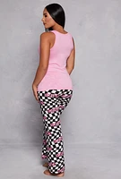 Womens Babe Checkered Print Pajama Tank Top and Pants Set, Pink, Size M