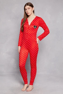 Womens Soft Knit Polka Dot Love Yourself Pajama Onesie, Red,