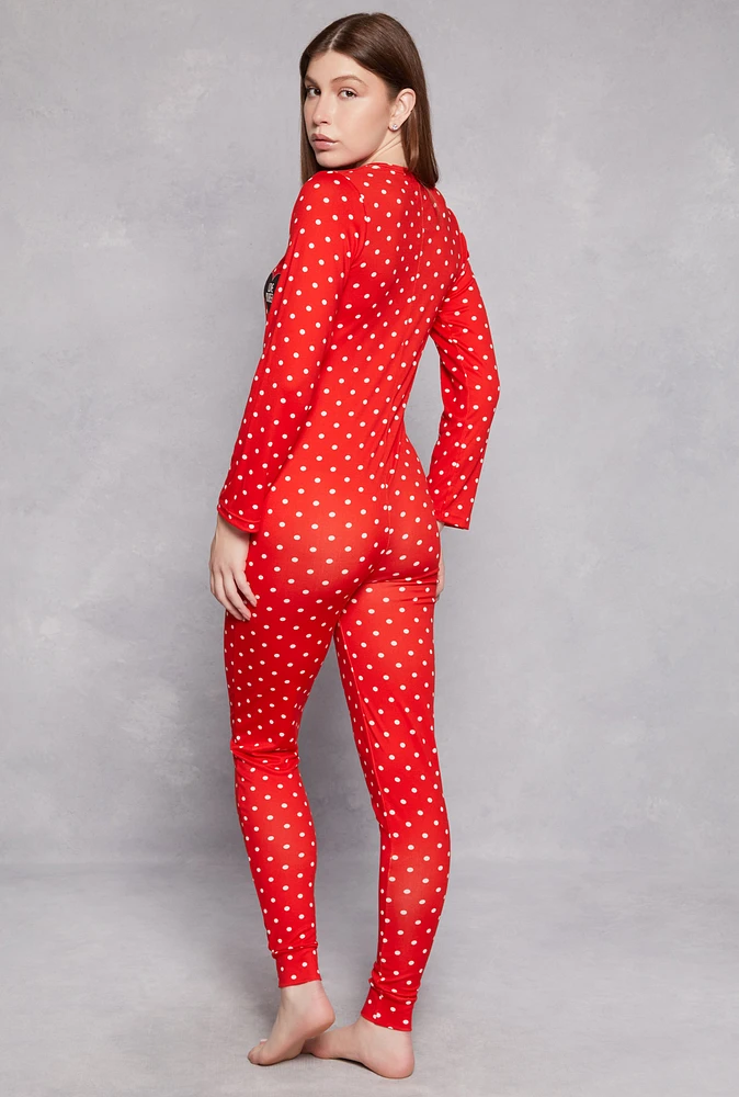 Womens Soft Knit Polka Dot Love Yourself Pajama Onesie, Red, Size XL