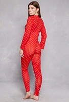 Womens Soft Knit Polka Dot Love Yourself Pajama Onesie, Red,