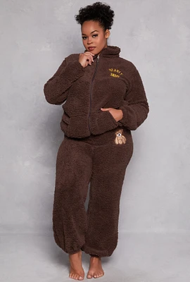 Womens Plus Size Bearly Awake Sherpa Zip Pajama Top and Pants, Brown, Size 3X