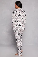 Womens Plush Graphic Print Pajama Shirt and Pants, White, Size L