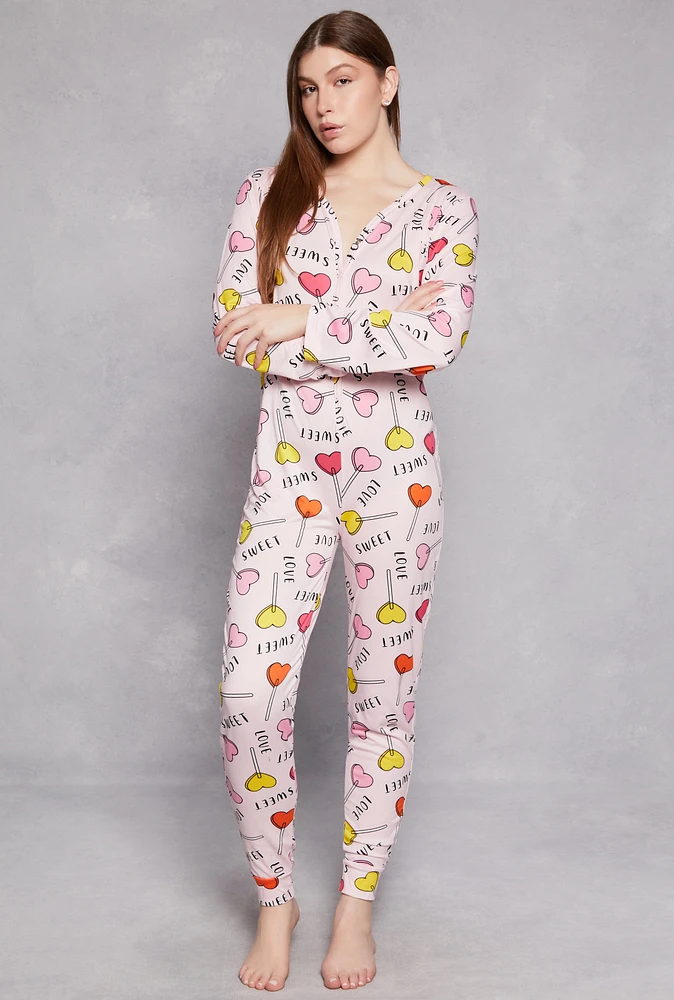 Womens Sweet Love Lollipop Graphic Pajama Onesie, Pink, Size XL