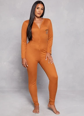 Womens Ribbed Bearly Awake Embroidered Onesie Pajamas, Brown, Size M