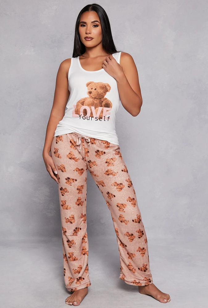 Womens Love Graphic Pajama Tank Top and Bear Print Pants, Multi,