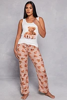 Womens Love Graphic Pajama Tank Top and Bear Print Pants, Multi,