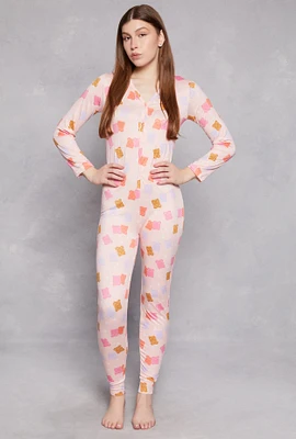 Womens Teddy Print Button Front Pajama Onesie, Pink, Size S