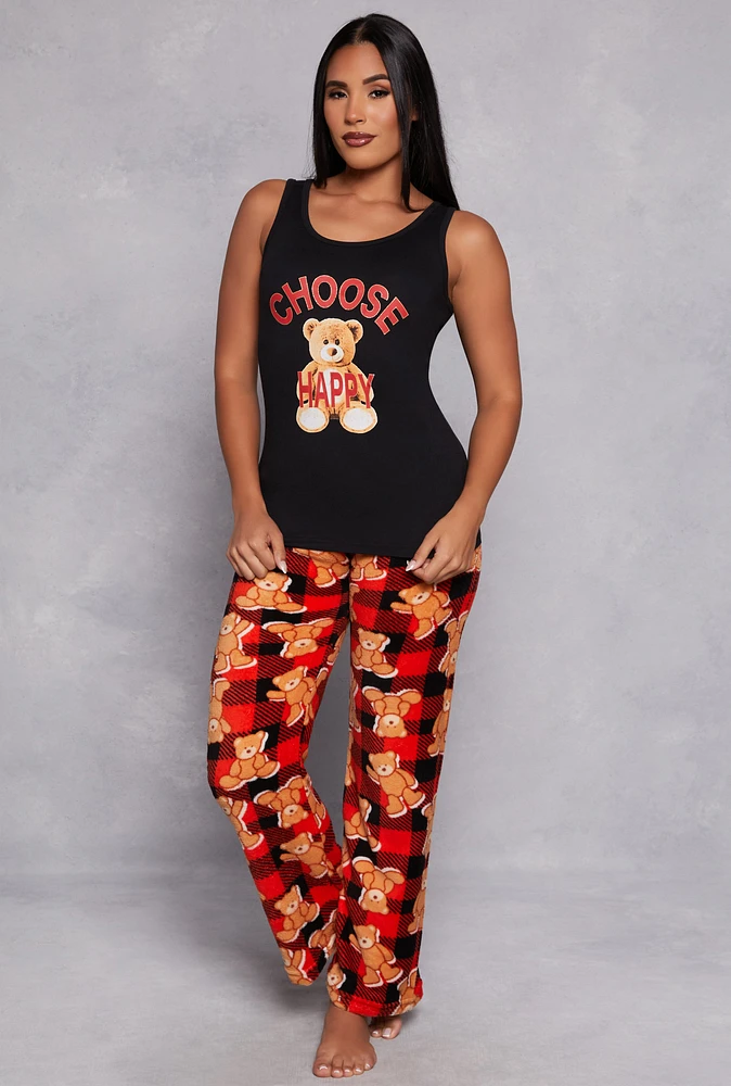 Womens Choose Happy Bear Graphic Pajama Tank Top and Pants, Multi, Size M