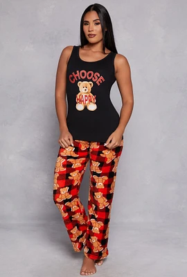 Womens Choose Happy Bear Graphic Pajama Tank Top and Pants, Multi, Size M