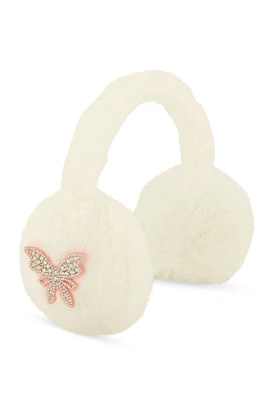 Womens Rhinestone Butterfly Faux Fur Earmuffs, White