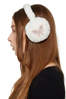 Womens Rhinestone Butterfly Faux Fur Earmuffs, White