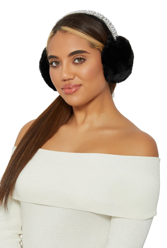 Womens Faux Fur Pearl Studded Faux Fur Earmuffs, Black