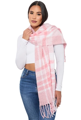 Womens Boucle Plaid Scarf, Pink