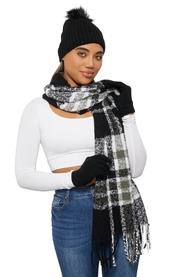 Womens Plaid Boucle Scarf with Pom Beanie and Gloves,