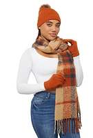 Womens Plaid Boucle Scarf with Pom Pom Beanie and Gloves, Multi