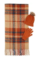 Womens Plaid Boucle Scarf with Pom Pom Beanie and Gloves, Multi