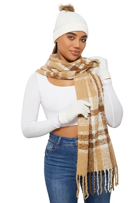 Womens Plaid Boucle Scarf with Pom Beanie and Gloves,