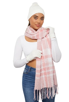 Womens Plaid Boucle Scarf with Pom Pom Beanie and Gloves, Pink