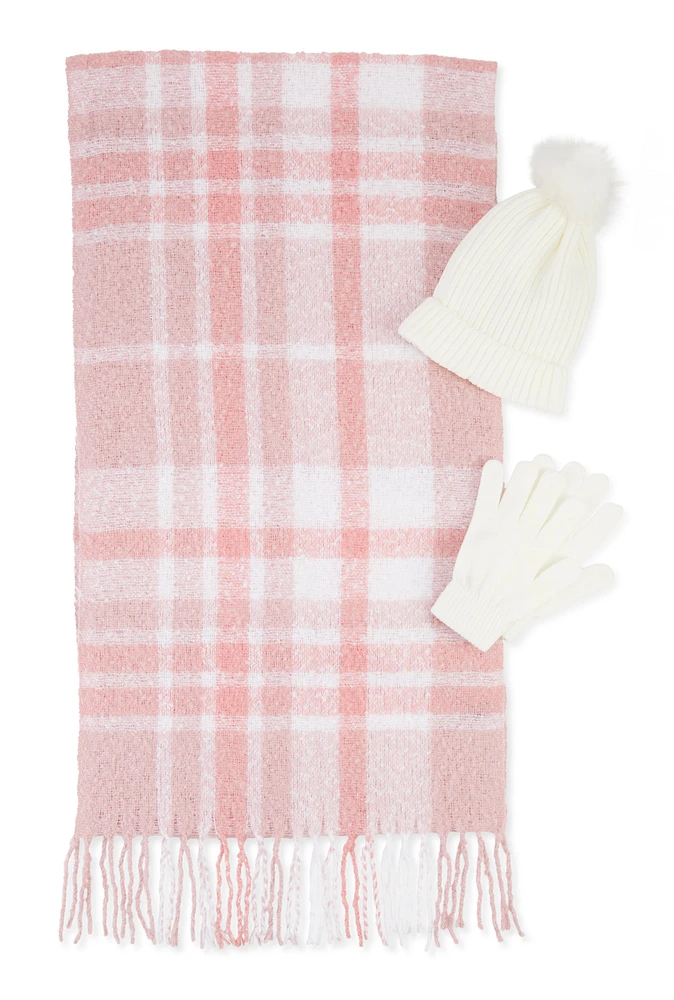 Womens Plaid Boucle Scarf with Pom Pom Beanie and Gloves, Pink