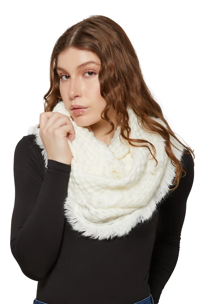 Womens Faux Fur Frayed Trim Infinity Scarf, White
