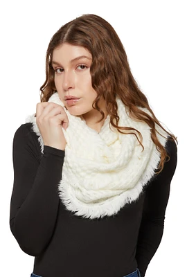 Womens Faux Fur Frayed Trim Infinity Scarf, White