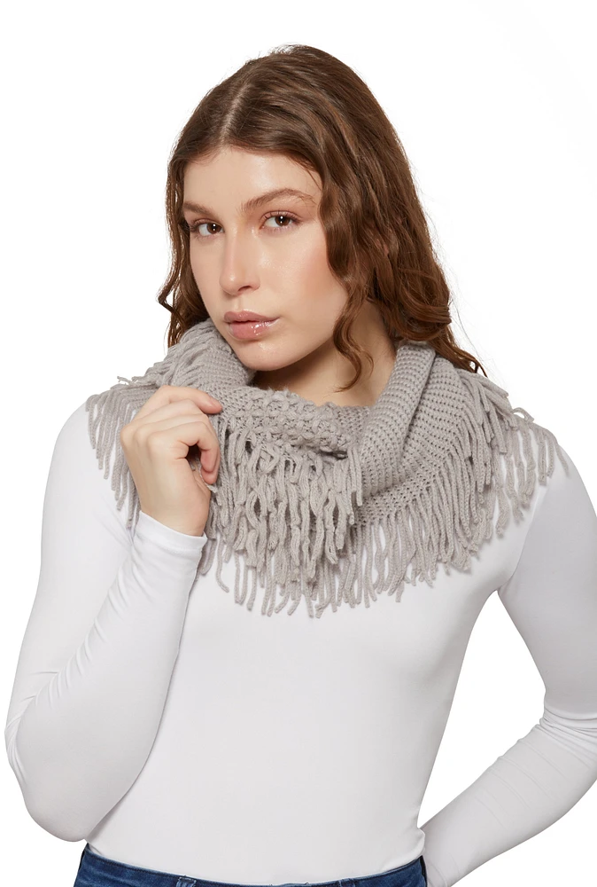 Womens Knitted Fringe Infinity Scarf, Grey