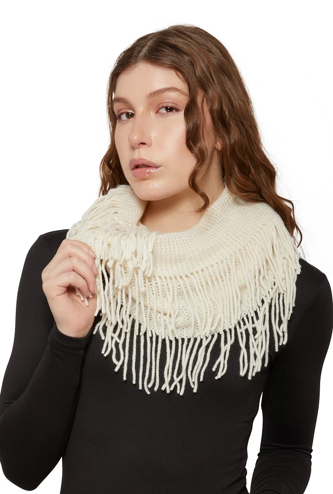 Womens Knitted Fringe Infinity Scarf, Beige